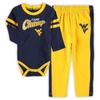 OUTERSTUFF NEWBORN & INFANT NAVY/GOLD WEST VIRGINIA MOUNTAINEERS LITTLE KICKER LONG SLEEVE BODYSUIT & SWEATPANT