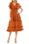 Mac Duggal Tea Length Ruffled Dress In Rust