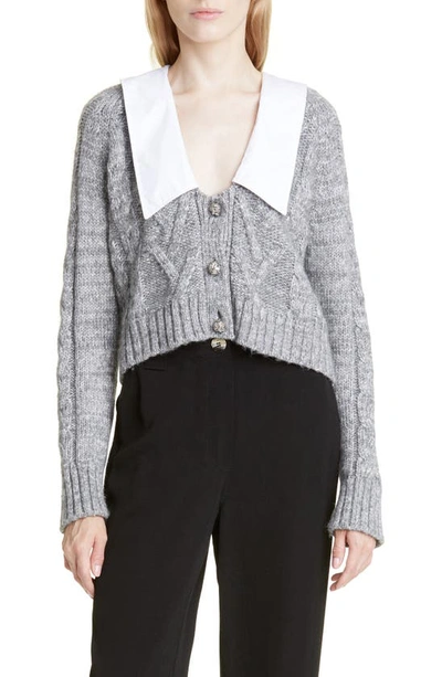 Ganni Contrasting-collar Cable-knit Cardigan In Grey