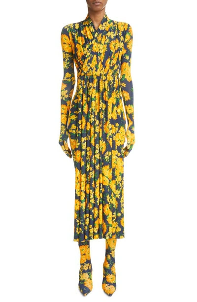 Balenciaga Draped Layered Floral-print Satin-jersey Playsuit In Yellow