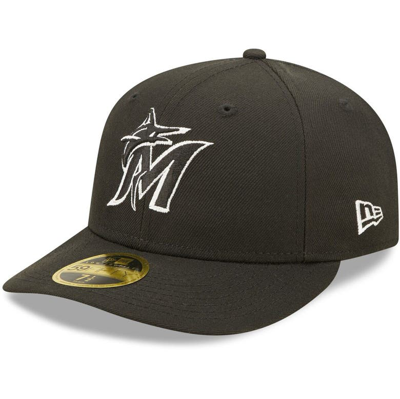 New Era Men's  Miami Marlins Black And White Low Profile 59fifty Fitted Hat In Black,white
