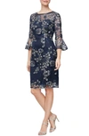 Alex Evenings Metallic Floral Embroidered Sheath Dress In Navy/ Silver