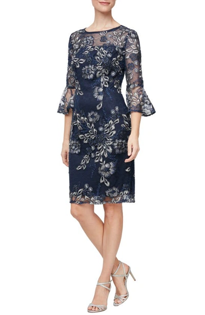 Alex Evenings Metallic Floral Embroidered Sheath Dress In Navy/ Silver