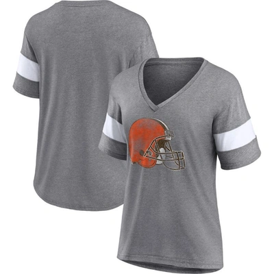 Fanatics Women's  Heathered Grey, White Cleveland Browns Distressed Team Tri-blend V-neck T-shirt In Heathered Grey,white