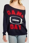 CHASER Long Sleeve Wide Neck Game Day Pullover in Navy