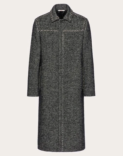 Valentino Stud And Crystal Embroidered Wool Tweed Coat In Grey