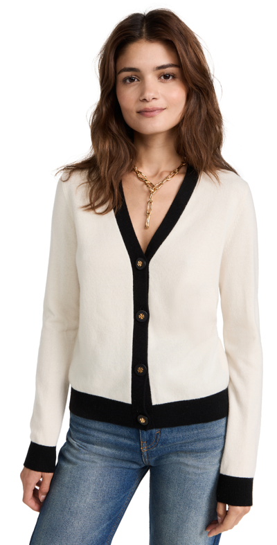 Tory Burch Colorblock Button-down Cashmere Cardigan In Soft Ivory,black