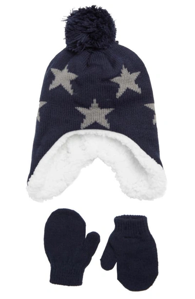Capelli New York Babies' Star Faux Shearling Trapper Beanie & Gloves Set In Navy Combo