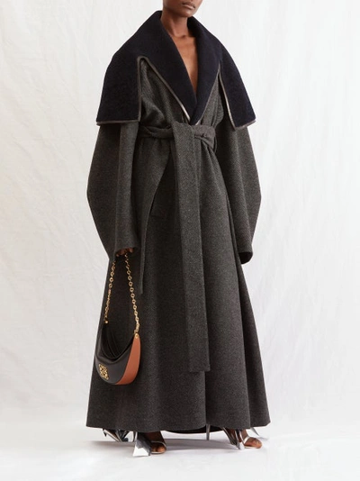 Loewe Shearling-cape Herringbone Wool-blend Tweed Coat In Black