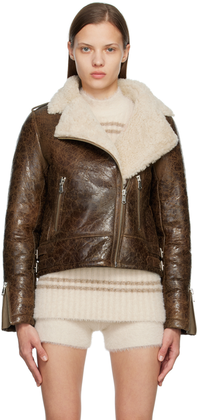 Yves Salomon Brown Vintage Shearling Leather Jacket In A0397 Caramel/nature