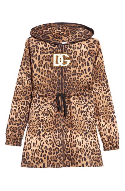 Dolce & Gabbana Kids' Leopard Print Dg Logo Long Sleeve Hoodie Dress In Hk93m Leo Fdo Nocciola