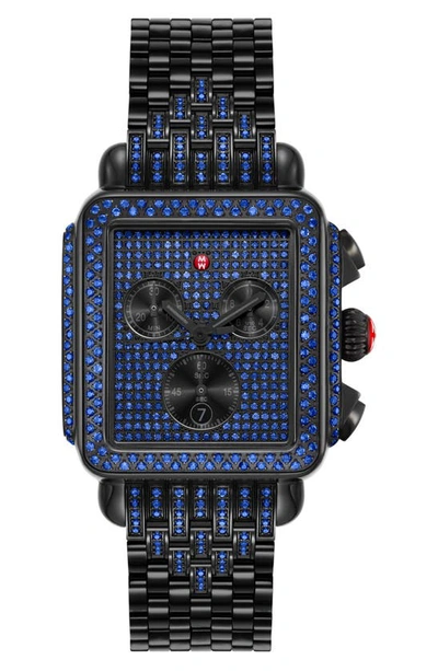 Michele Deco Noir Pavé Sapphire Chronograph Bracelet Watch, 33mm In Black/ Blue