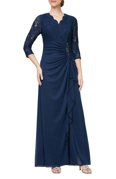 Alex Evenings Sequin Lace A-line Gown In Navy