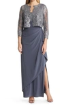 Alex Evenings Embroidered Empire Gown With Jacket In Smoke