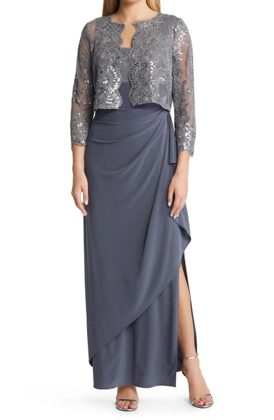 Alex Evenings Embroidered Empire Gown With Jacket In Smoke