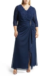 Alex Evenings Beaded Lace Bodice Empire Waist Gown In Navy