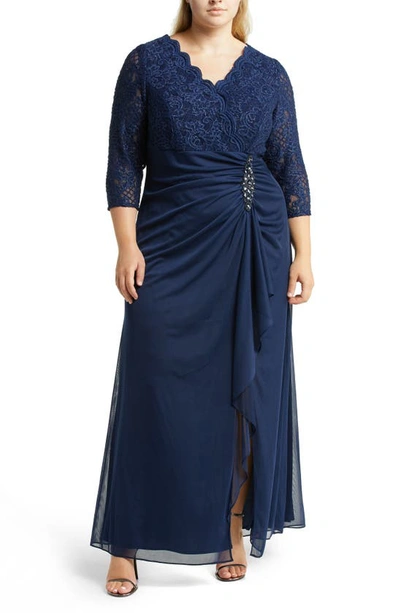 Alex Evenings Beaded Lace Bodice Empire Waist Gown In Navy