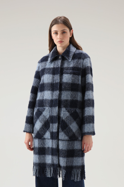 Woolrich Check Pattern Fringed Overshirt In Blue Buffalo