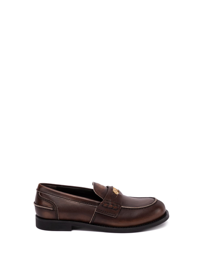 Miu Miu Vintage-effect Leather `penny Loafers` In Marrone