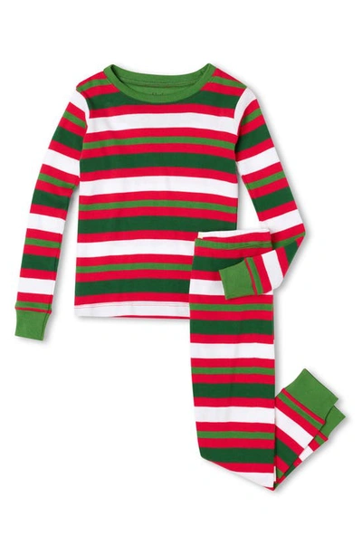 Hatley Kids' Holiday Candy Cane Stripe Fitted Two-piece Organic Cotton Pajamas In Chex Red
