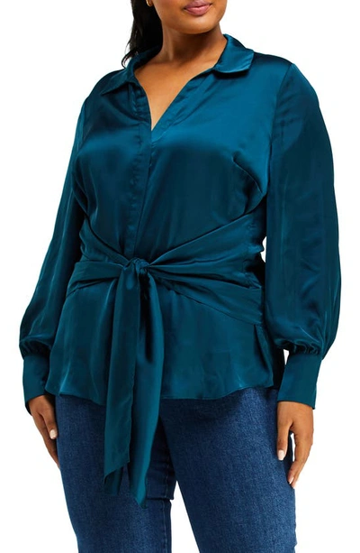 Estelle Ryder Satin Tie Front Blouse In Teal