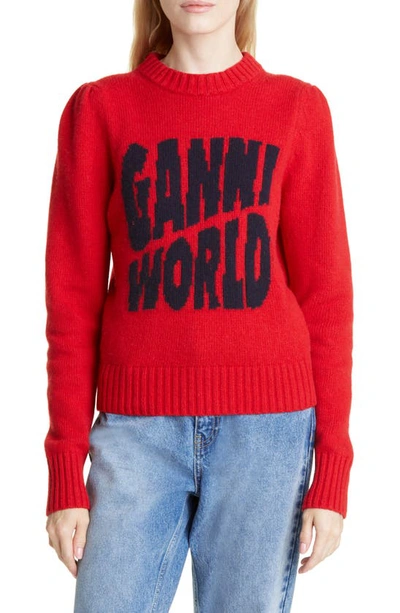Ganni World Graphic Recycled Wool Blend Sweater In Barbados Cherry
