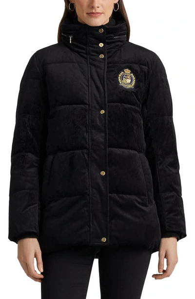 Lauren Ralph Lauren Crest Detail Velvet Puffer Coat In Black