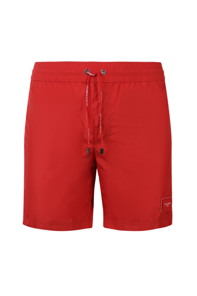 Dolce & Gabbana Logo Patch Swim Shorts In Red
