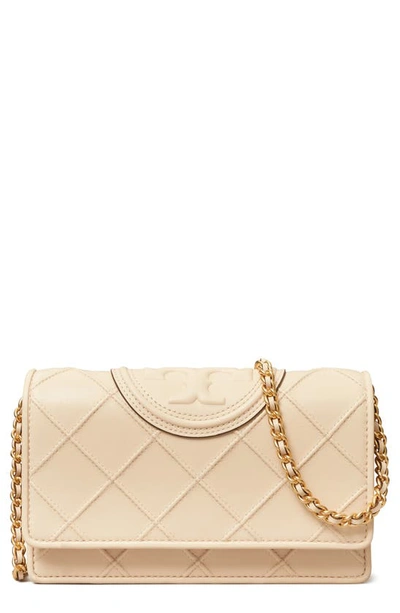 Tory Burch Fleming Soft Leather Wallet On A Chain In New Cream