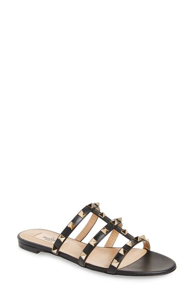 Valentino Garavani Rockstud Caged Flat Slide Sandals In Black