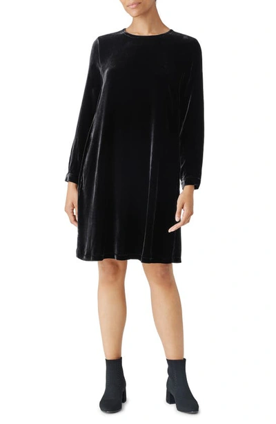 Eileen Fisher Long Sleeve Velvet Shift Dress In Black