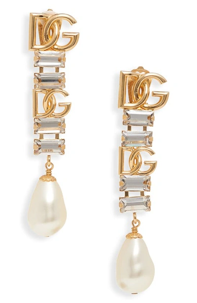 Dolce & Gabbana Dg Logo Crystal And Faux Pearl-detail Drop Earrings In Gold