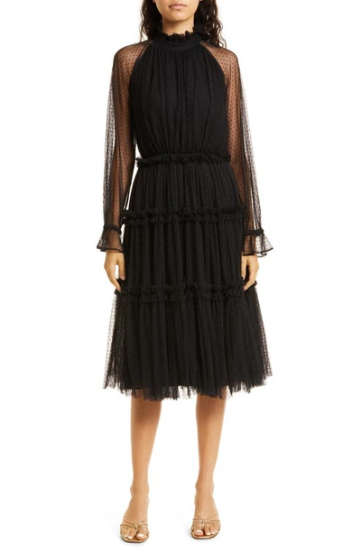 Mille Gabrielle Sheer Sleeve Tiered Midi Dress In Black Tulle