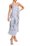 Asos Design Floral Sequin And Bead Midi Dress With Feather Hem In Violet-purple In Lilac