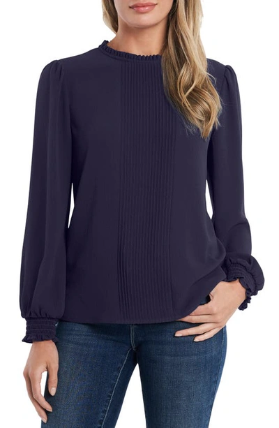 Cece Pintucked Smocked Cuff Chiffon Top In Classic Navy
