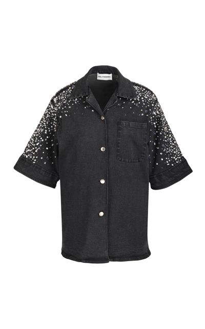 Des_phemmes Women's Stone Washed Denim Emboidered Bowling Shirt In White