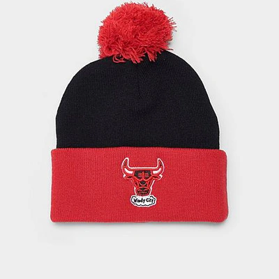 Mitchell And Ness Chicago Bulls Nba Two Tone Pom Beanie Hat In Black/red