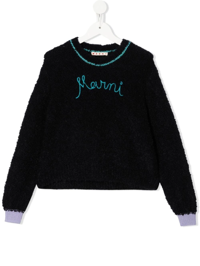 Marni Teen Embroidered-logo Crew-neck Jumper In Blue