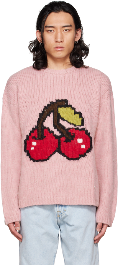 Our Legacy Sonar Cherry Intarsia Crewneck Virgin Wool Blend Sweater In Red