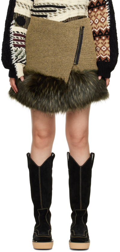 Andersson Bell Tweed-wrap Faux-fur Trim Skirt In Khaki