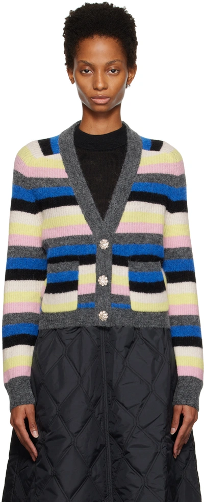Ganni Embellished Striped Ribbed-knit Cardigan In Multi-colour