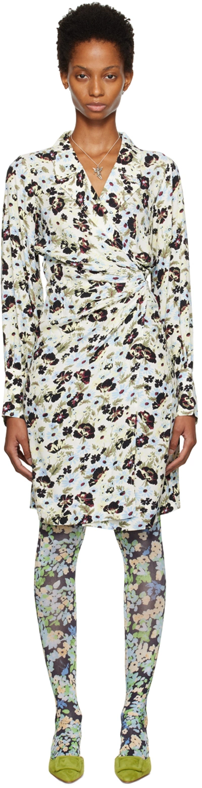 Ganni Off-white Floral Midi Dress In 364 Meadow Egret