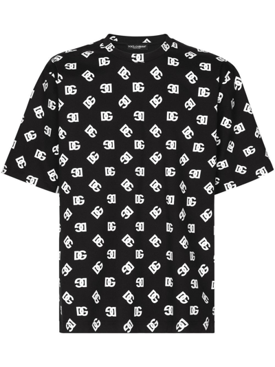 Dolce & Gabbana Cotton T-shirt With All-over Dg Logo Print In Black,white