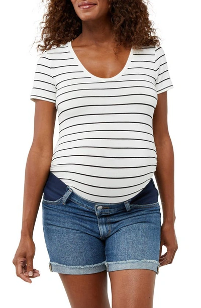 A Pea In The Pod Ruched Scoop Neck Maternity/postpartum Top In White/ Black Stripe