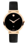 Movado Women's Museum Classic Automatic Rose-goldtone Stainless Steel & Leather Strap Watch/32mm In Black/black