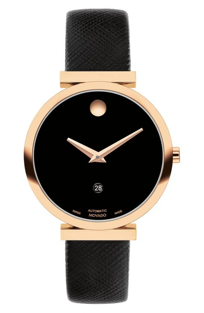 Movado Women's Museum Classic Automatic Rose-goldtone Stainless Steel & Leather Strap Watch/32mm In Black / Gold Tone / Rose / Rose Gold Tone