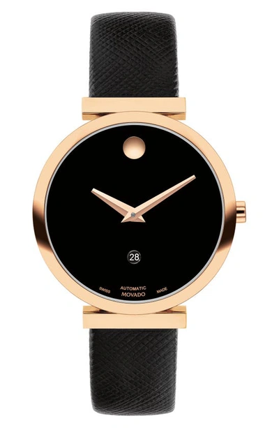 Movado Women's Museum Classic Automatic Rose-goldtone Stainless Steel & Leather Strap Watch/32mm In Black