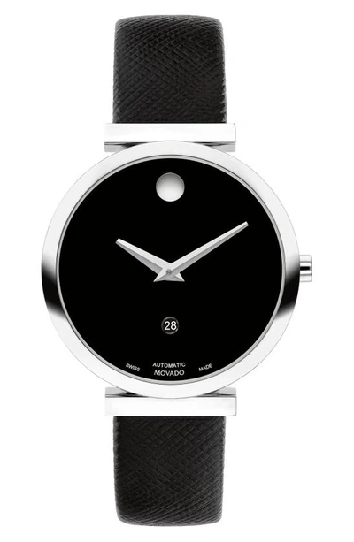 Movado Women's Museum Classic Swiss Automatic Black Genuine Leather Strap Watch 32mm In Black/silver