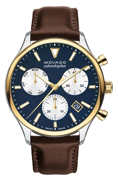 Movado Heritage Calendoplan Chronograph Leather Strap Watch, 43mm In Blue
