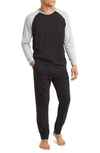 Majestic Fireside Colorblock T-shirt & Pajama Pants Set In Black/ Heather Grey